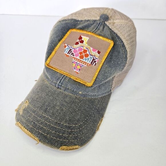 Judith March Headmost Texas Embroidered Patch Trucker Hat In Distressed Denim - Picture 3 of 11